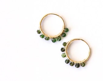 Small 14K gold filled gemstone hoop earrings- wire wrapped emerald green tourmaline gold earrings- minimalist