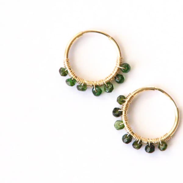 Small 14K gold filled gemstone hoop earrings- wire wrapped emerald green tourmaline gold earrings- minimalist