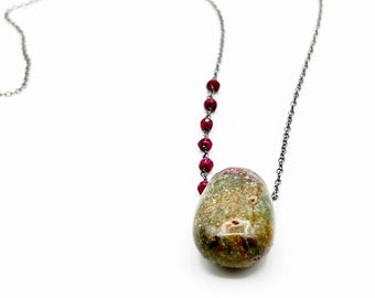 Geo Love- ruby & ruby in fuchsite sterling silver long pendant necklace- July birthstone- geology- science- geek chic