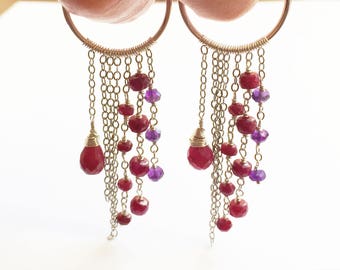 Joan- ruby, amethyst & sterling silver endless hoop chandelier earrings- retro- boho hippie- music geek chic- February July birthstone