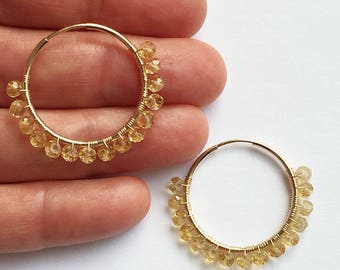Wink- November citrine 14K gold filled 24mm endless hoop earrings- medium wire wrapped golden yellow birthstone jewelry- Scorpio