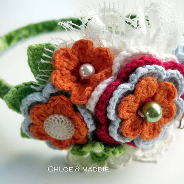 FeFe. Hand crochet flowers 100% cotton yarn Autumn headband. Ready To Ship