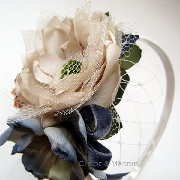 MYRA. Vintage Inspired handmade fabric flowers headband. For weddings, special occasions, photography prop