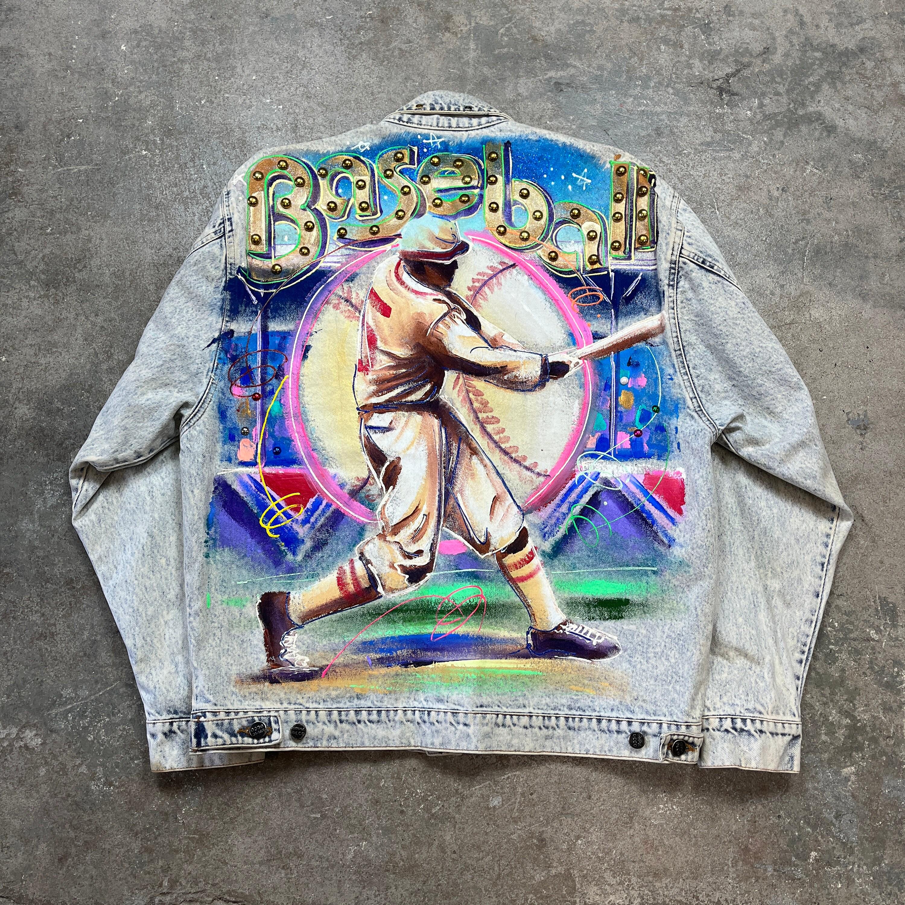 Vintage 1990s Crazy Hand Painted Baseball Embellished Light Wash