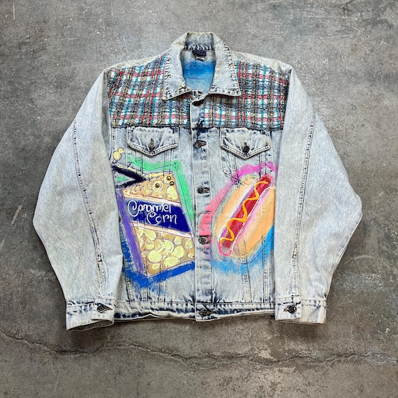 ジャケット・アウター 90s vintage Design denim jacket Vintage 1990s Crazy Hand Painted Baseball Embellished Light Wash