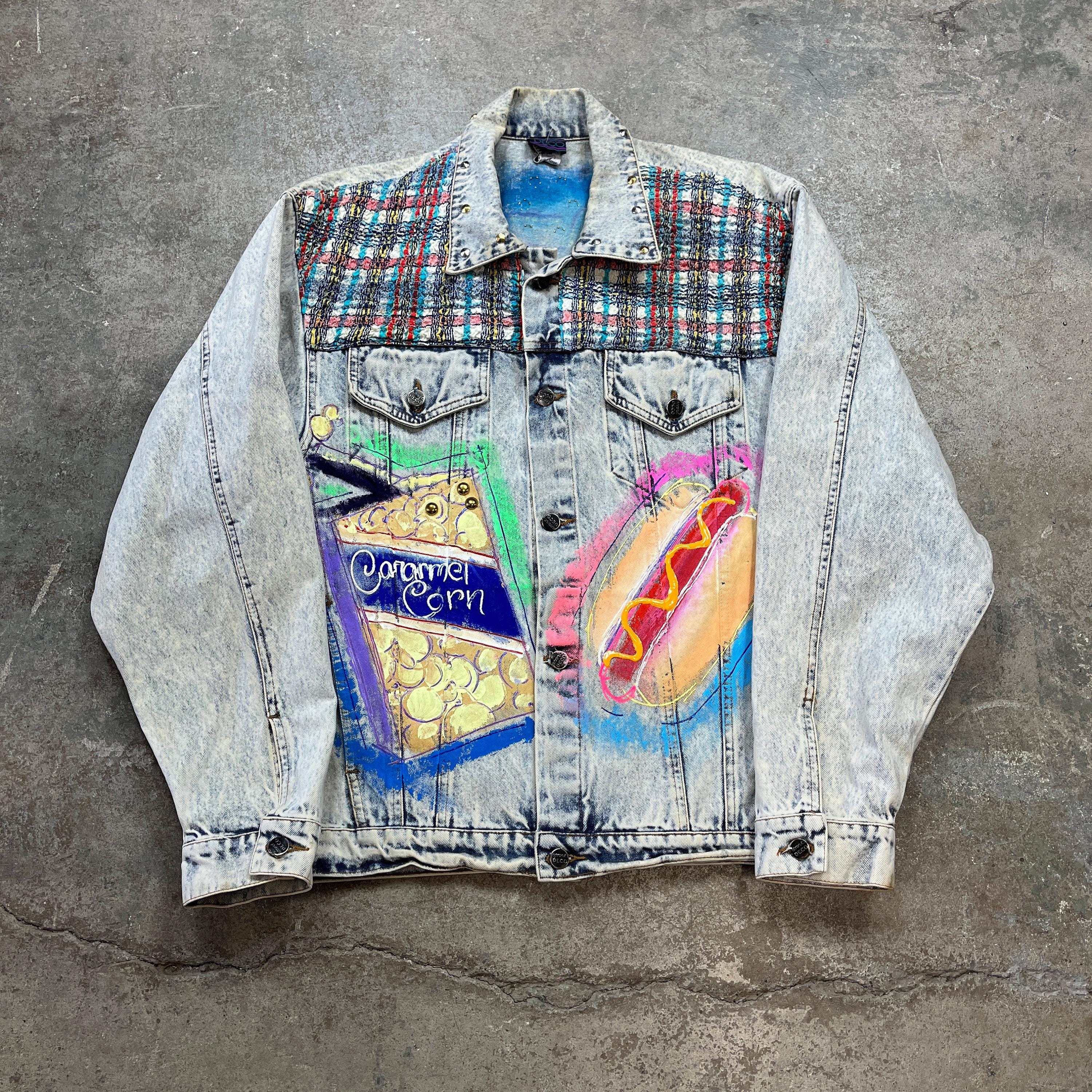 Vintage 1990s Crazy Hand Painted Baseball Embellished Light Wash