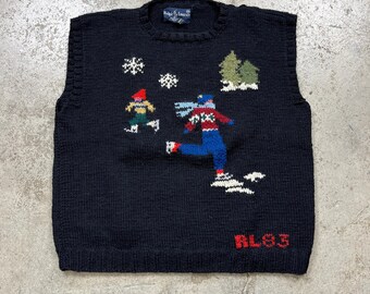 Vintage Hand Knit Polo Ralph Lauren Thick Wool Sweater W Skiers L 