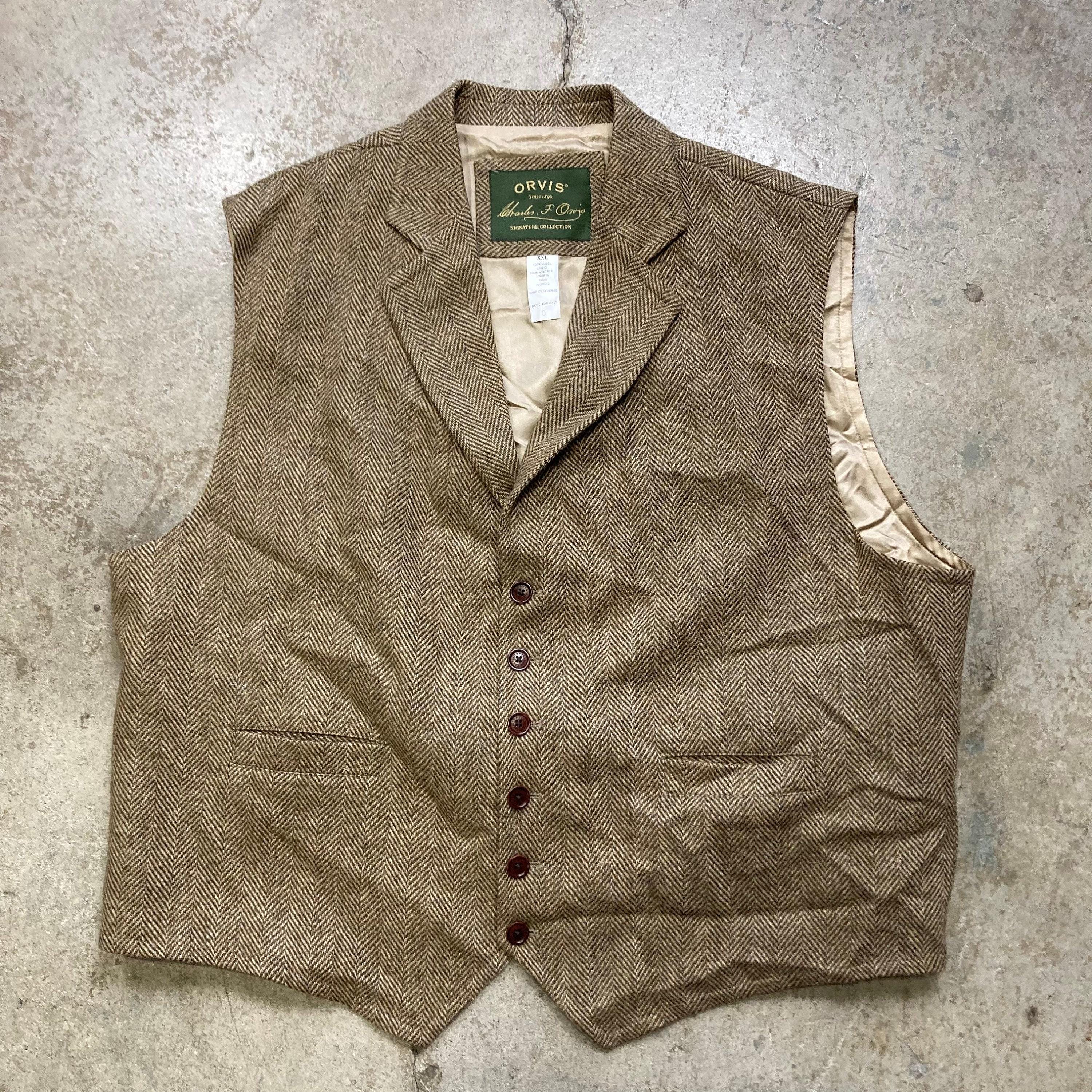 Orvis Signature Brown Herringbone Tweed All Wool Lapel Vest Waist