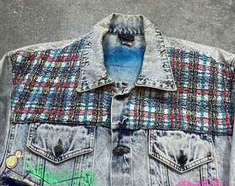 Vintage 1990s Crazy Hand Painted Baseball Embellished Light Wash