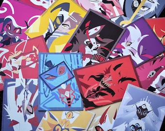 Puede incluir: Una colección de tarjetas artísticas rectangulares con varios personajes animados en distintas paletas de colores, incluyendo tonos rojos, azules, amarillos, morados y rosas. Cada tarjeta muestra un retrato único con rasgos estilizados.