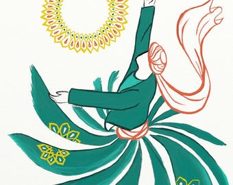 スーフィーダンサーのダウンロード可能なプリント、インド美術、デシ美術、南アジアのグラフィックデザイン、イスラム美術、パキスタン美術、ペルシャ美術、スーフィズム、スーフィー