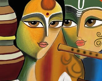 ラダ クリシュナ デジタル プリント - ダウンロード可能なヒンドゥー教アート、ヒンドゥー教、デシ アート、インドの抽象アート、ヒンドゥー教の神話、バガヴァッド ギーター、クリシュナ アート