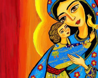 聖母マリアと幼子イエス - ダウンロード可能なアイコンスタイルのプリント、キリスト教アート、聖母マリア、洗礼の贈り物、聖体拝領の贈り物、キリスト教