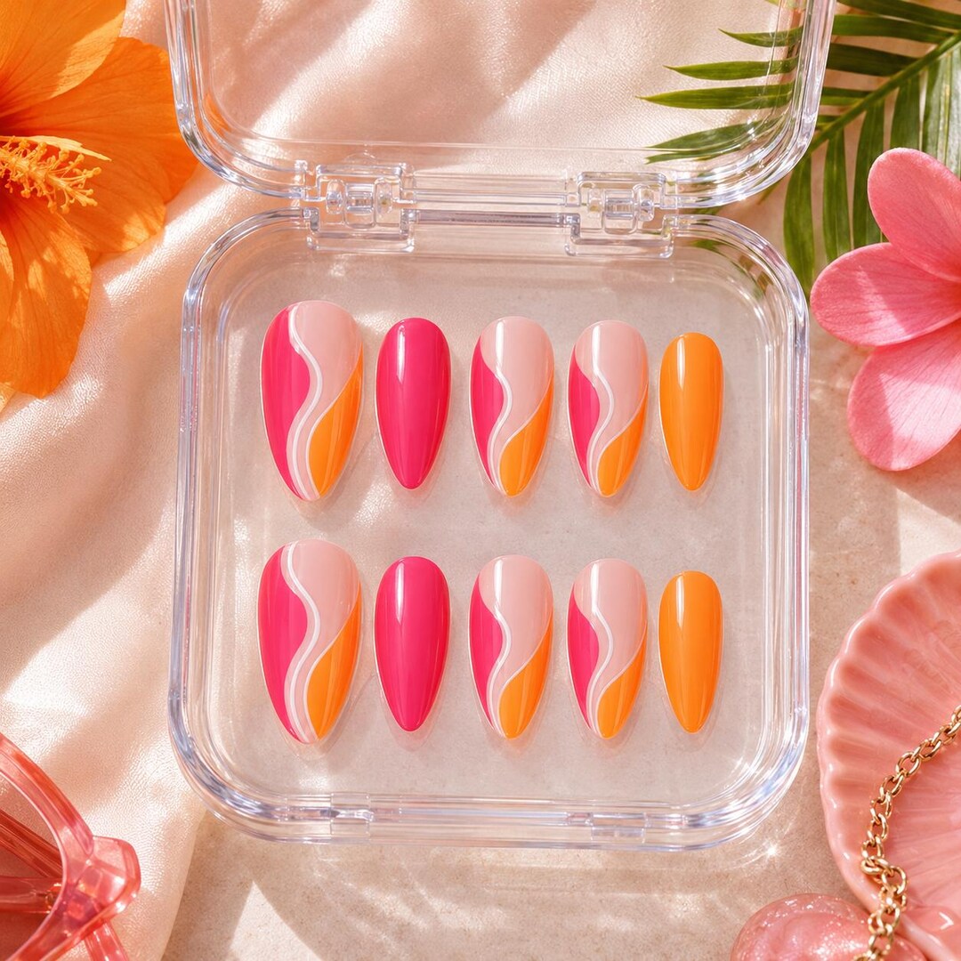 Candy Twist Press on Nails: Pink Orange Swirl, Reusable Handmade