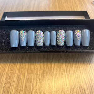 Iridescent Crystal Press On Nails: Grey Handmade Reusable Nail Set