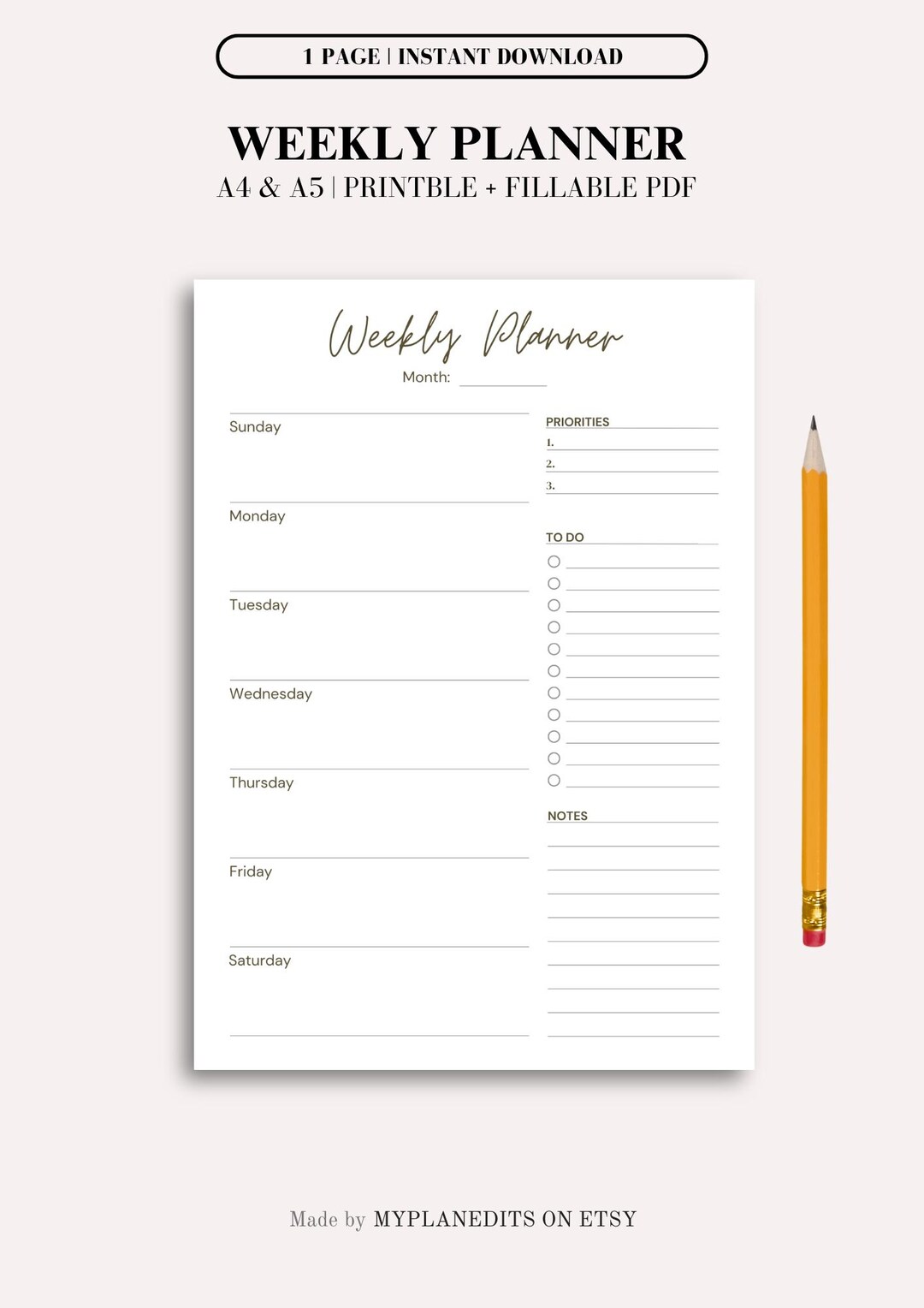 Printable Weekly Planner Printable | A4 & A5 PDF | Digital Weekly ...