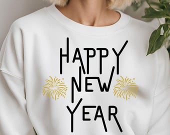May include: White sweatshirt with black text that reads "Happy New Year" with gold firework illustrations on either side of the text.