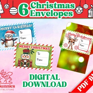 Puede incluir: Seis diseños de sobres de Navidad imprimibles con un pingüino, un cascanueces y un reno. Cada sobre tiene un saludo de "¡Feliz Navidad!" y espacio para "Para" y "De".