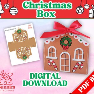 Puede incluir: Plantilla imprimible de caja de Navidad de casa de jengibre. La plantilla es una descarga digital y viene en formato de archivo PDF. La plantilla presenta una casa de jengibre con bastones de caramelo, una corona y ventanas.