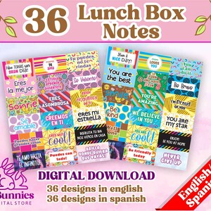 Puede incluir: Un conjunto de 36 notas coloridas para la lonchera en inglés y español. Las notas presentan mensajes positivos como "Eres el mejor", "Sé amable" y "Nunca te rindas".