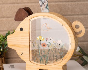 Personalized Girls Piggy Bank with Name, Custom Wood Money Box for Kids, Flower Coin Bank, Baby Shower, Kids Birthday Gift, Nursery Decor