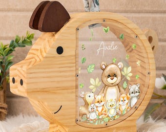 Personalized Animal Name Piggy Bank with Name, Kids Coin Bank, Wooden Money Box, Christening Gifts, Baby Shower, Easter Gifts, Nursery Decor