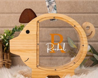 Personalized Initials & Name Piggy Bank, Custom Wooden Pig Money Box, Birthday Gift for Kids, Toddlers Cash Box, Easter Gits for Children