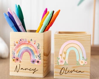 Personalized Rainbow Pencil Holder with Name, Custom Wooden Pencil Cup for Kids, Teacher Gifts, Birthday Gifts for Girl, Back to School Gift