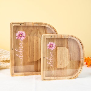 Alcancía de madera personalizada con letras, alcancía con forma de flor de nacimiento y nombre, caja de dinero para niñas, regalo de baby shower, regalo de Navidad para niños
