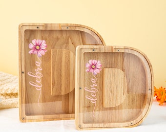 Personalized Wooden Letter Piggy Bank, Birth Flower Coin Bank with Name, Money Box for Girls, Baby Shower Gift, Christmas Gifts for Kids