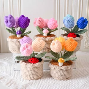 Puede incluir: Seis arreglos de tulipanes de ganchillo en macetas beige pequeñas. Los tulipanes son de varios colores, incluyendo morado, rosa, azul, amarillo y naranja. Cada maceta tiene hojas verdes y un pequeño hongo o mariquita.
