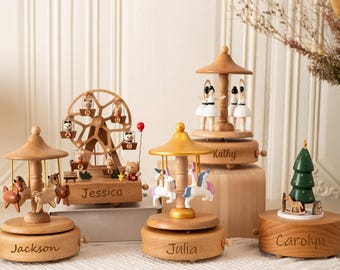 Personalized Wooden Music Box with Name, Kids Birthday Gift, Ballerina Carousel Keepsake, Baby Shower Gift, Easter Gifts, Nursery Decor