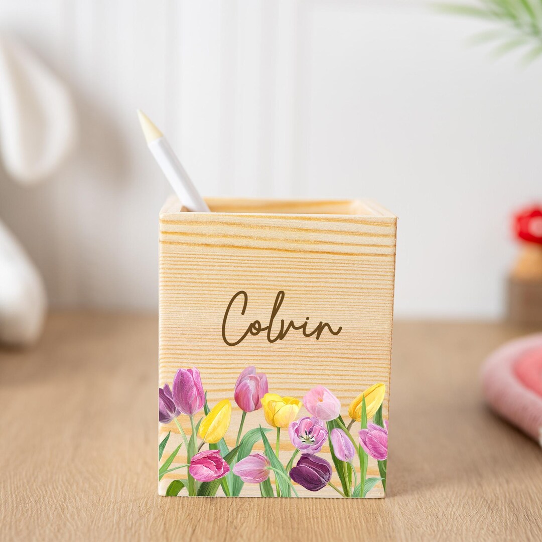 Custom Wooden Pencil Holder for Kids, Flower Pencil Cup With Name, Baby ...