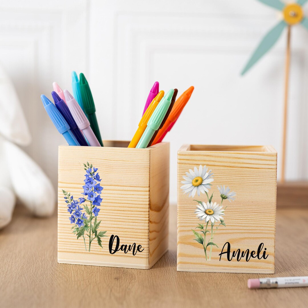 Personalized Birth Flower Pencil Holder, Custom Wooden Pencil Cup With ...