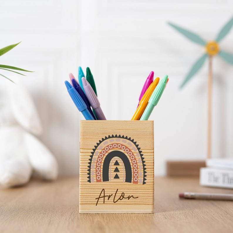 Personalized Rainbow Pencil Holder With Name, Custom Wooden Pencil Cup ...