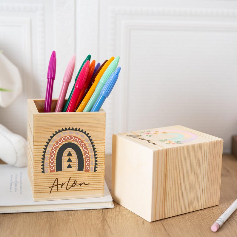 Personalized Rainbow Pencil Holder With Name, Custom Wooden Pencil Cup ...