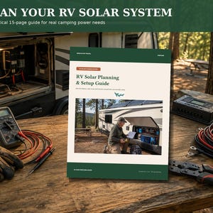 May include: A 15-page RV Solar Planning & Setup Guide booklet with a white cover featuring a photo of a person working on an RV solar system. The guide includes text about battery, solar array, and inverter needs for camping power systems.