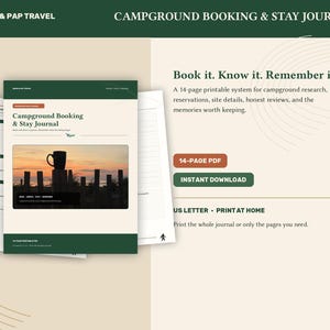 May include: A 14-page printable Campground Booking & Stay Journal PDF. The cover features a dark green border, the text "Campground Booking & Stay Journal," and a photo of a coffee mug on a post at sunset. Includes US Letter print options.