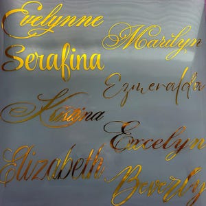 May include: Gold-coloured script names including Evelynne, Marilyn, Serafina, Esmeralda, Kristina, Excelyn, Elizabeth, and Beverly. The names are in a cursive font, with varying sizes and styles, against a light grey background.