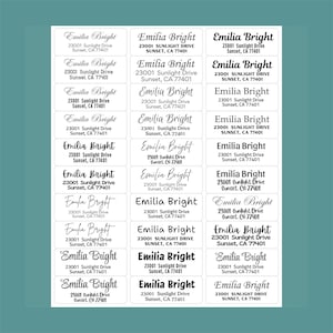 Könnte beinhalten: Ein Bogen weißer Adressetiketten mit dem Namen "Emilia Bright" und Adressinformationen in schwarzer Schrift. Die Etiketten sind in Reihen und Spalten angeordnet, mit verschiedenen Schriftarten.