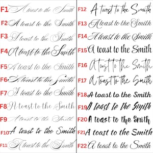 May include: A collection of twenty-two variations of the phrase "A toast to the Smith" in different elegant and modern fonts. The text is in black, with varying levels of flourish and style, suitable for wedding invitations or celebratory cards.