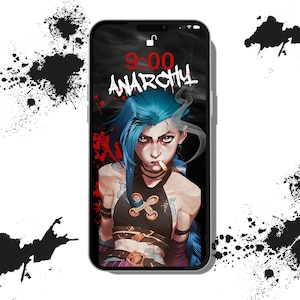 Könnte beinhalten: Ein Telefonbildschirm mit schwarzem Hintergrund und einer blauhaarigen Frau mit einer Zigarette im Mund. Die Uhrzeit ist 9:00 Uhr und der Text "ANARCHY" wird in Rot angezeigt.