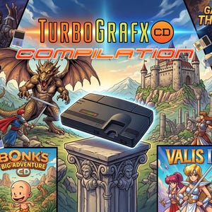 Puede incluir: Una consola TurboGrafx-CD sobre un pilar de piedra, rodeada por un collage de arte de juegos que incluye Castlevania, Gate of Thunder, Lords of Thunder, Snatcher, Bonk's Big Adventure, Valis III y Dungeon Explorer II con ilustraciones vivas.