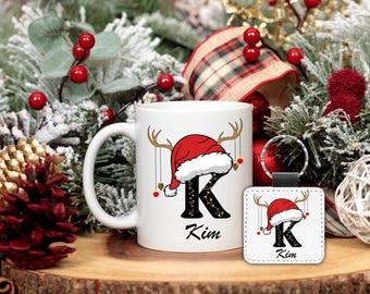 Personalized Christmas Mug & Keychain Set, Festive Initial Gift (11 oz)