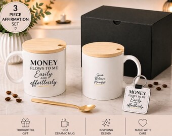 Affirmation Coffee Mug Gift Set, Money Flows Easily, Bamboo Lid, Keychain (11 oz)
