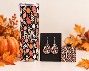 Personalized Fall Leaf Tumbler, Earrings, Keychain Gift Set (Autumn Colors)