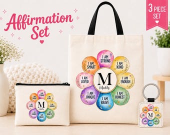 Personalized Affirmation Tote Bag Set, Custom Name Pouch & Keychain, Encouragement Gift for Her