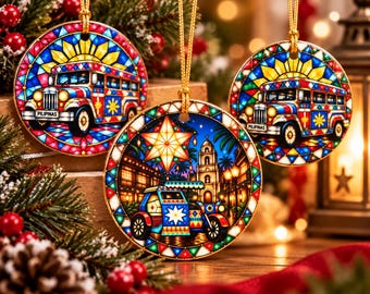 Ceramic Jeepney & Tricycle Holiday Ornament | Colorful Christmas Decor (3.1" Round)