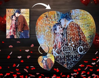 Custom Heart Photo Puzzle with Matching Keychain – Personalized Anniversary Keepsake