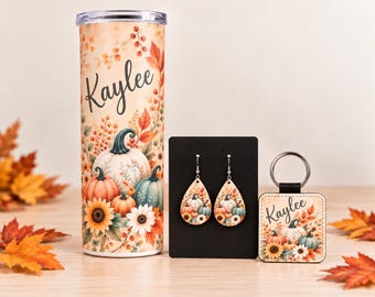 Personalized Pumpkin Tumbler, Earrings, Keychain Gift Set